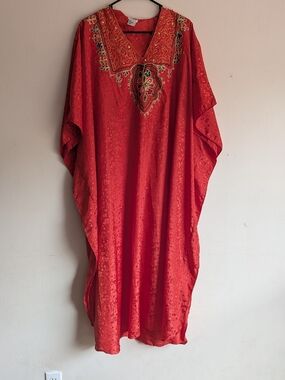 Red Embroidered Kaftan Dress with Gold & Green Accents